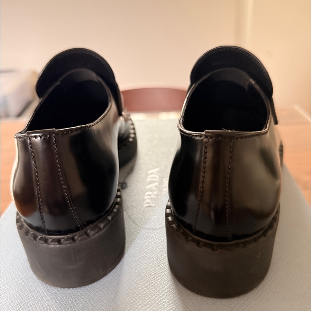 Prada Black Patent Leather Logo Penny Loafers - Picture 2 of 5